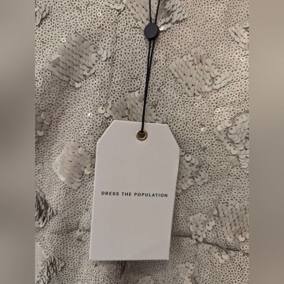 NWT Dress the Population Bree Bone plunge mini short sleeve sequence min Dress L - Picture 10 of 16